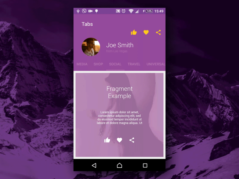 Tab screen, social theme - Material design UI template app android android template animated layout material design swipe to dismiss tab template ui animation ui components ui elements ui template
