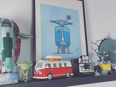 [work space] new shelf deathstar icon illustration lego polaroid vespa walle