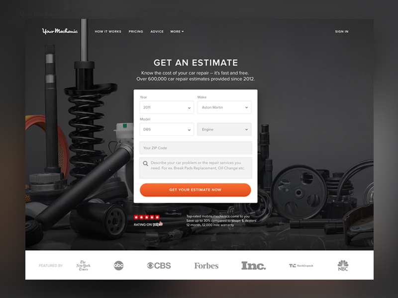 Car Repair Estimator Page car car repair dark form landing page ui ux web