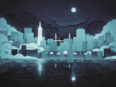 San Francisco at night buildings city fog illustration night paper photoshop san francisco sky skyline water