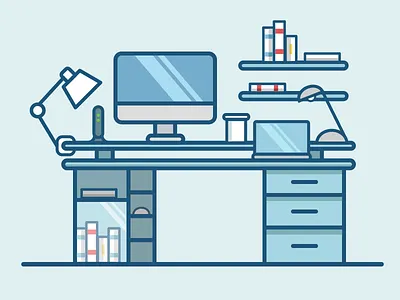 Desk blue computer desk icon illustrator line picto pictogram vector
