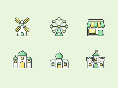 Travel And Location castle church coaster frontstore icon icons illustration roller shop store temple windmill