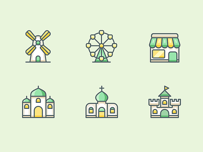 Travel And Location castle church coaster frontstore icon icons illustration roller shop store temple windmill