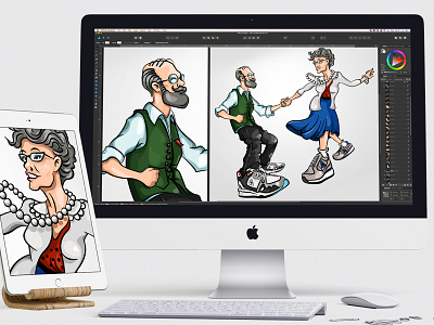 Grandparents dance illustration colorfull colors dance grandfather grandma grandpa granmother hipster le coq sportif linear sneakers vector