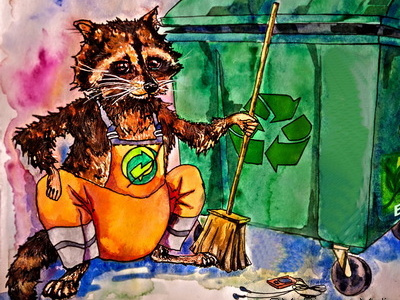 Raccoon. Disposing cartoon character design drawing illustration watercolor