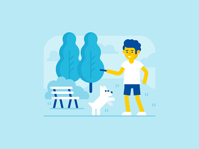LV100 - Outdoor bench boy bush character could dog face flat grass illustration sky tree