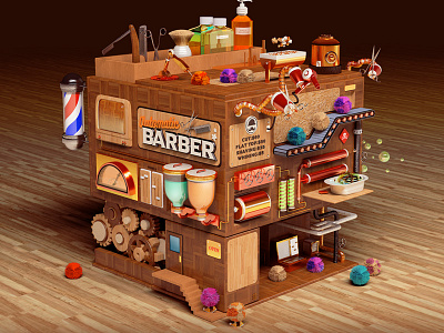 Automatic Barber 3d c4d cinema4d factory isometric machine type typography vray wood