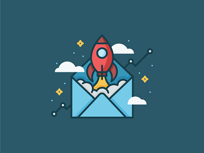 rocket boost clouds envelope icon illustration mail rocket stars