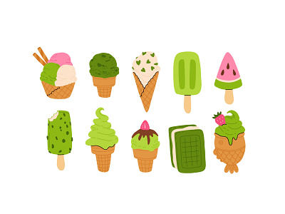 Matcha ice cream set cartoon character collection concept design flat green icecream illustration matcha set tea vector watermelon