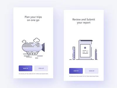 Intro screens for Concur app intro report signin signup trips ui