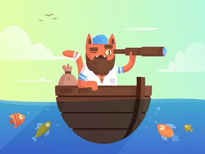 Sailor Cat 2d illustration cat character design cloud fish sailor see sky