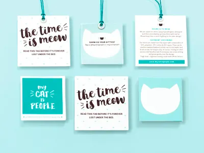 The Time Is Meow! aqua branding cats clothing tags fashion hang tags logo design meow paper goods print design stationery teal