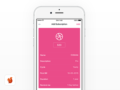 Billy → Add Subscription add app billing billy cards contract cost ios iphone money subscriptions ui