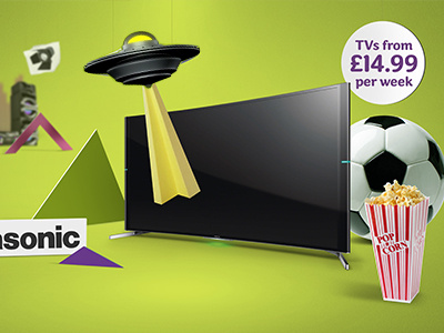 TV scene card cut out design football green popcorn spaceship television tv ufo