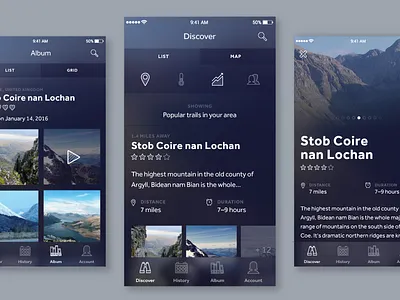 Hiking app app blur gradient iconography icons list mobile photography ui ux