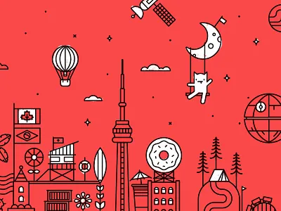 moon monsters and death stars and donut billboards illustration