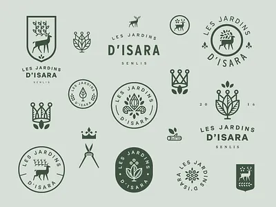 Gardens of Isara crown deer fleur de lis fleur de lys garden gardening identity leaf logo shield tree