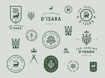 Gardens of Isara crown deer fleur de lis fleur de lys garden gardening identity leaf logo shield tree