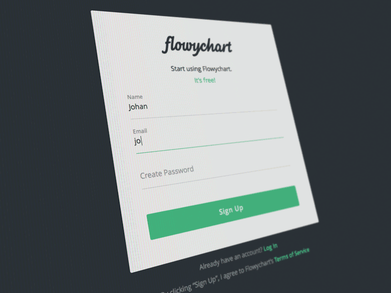 Flowychart - Sign Up & Log In Experience experience log in modal onboarding sign up