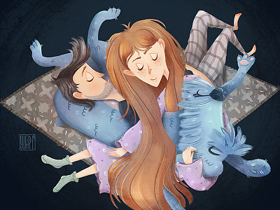 Mi trío favorito art boy characters dog dream favorito girl illustration perra sleep trio