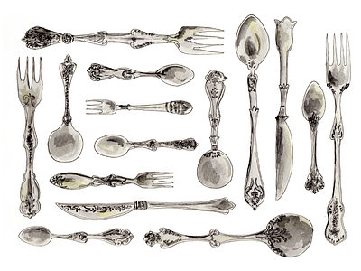 Silverware Collection cutlery fork forks gouache illustration knife silver spoon spoons utensils watercolor watercolour