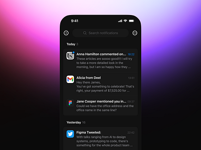 Notife – Home & onboarding app black cards clean dark dark mode design gradient hub integrations ios minimal mobile mobile app modern native notification onboarding ui ux