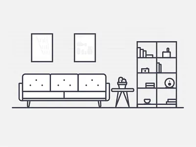 Office Environments bookcase furniture icon illustration outline sofa speaker table vector vintage