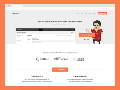 MagnumCI home page ci design landing page magnum ci mascot promo ui web