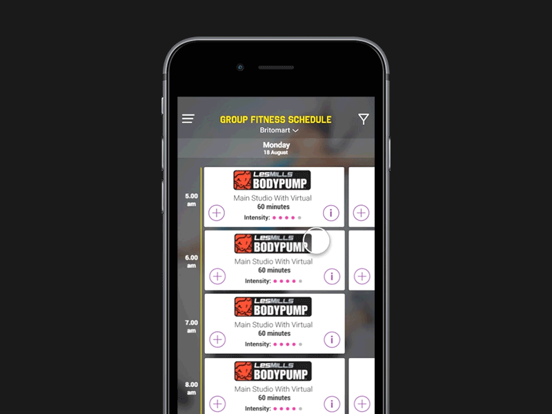 Fitness schedule date selection - omni scrolling class exercise fitness gym horizontal local mobile scroll training vertical
