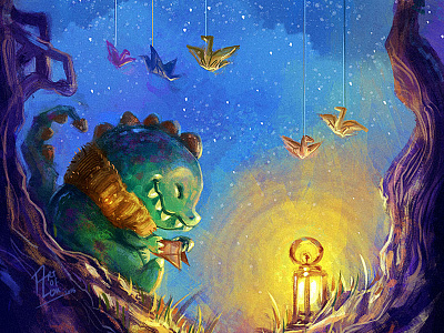 Origami cartoon children cute digital dragon drawing illustration kidlitart monster night origami