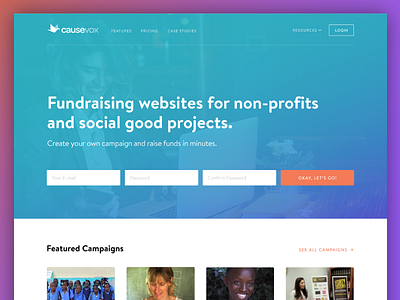 CauseVox Home causevox cta fundraising hero home page interface jt grauke landing page non profits ui ux