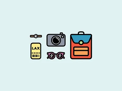 Travel Icons backpack boarding pass camera flat glasses icons line sunglasses ticket travel vacation watch