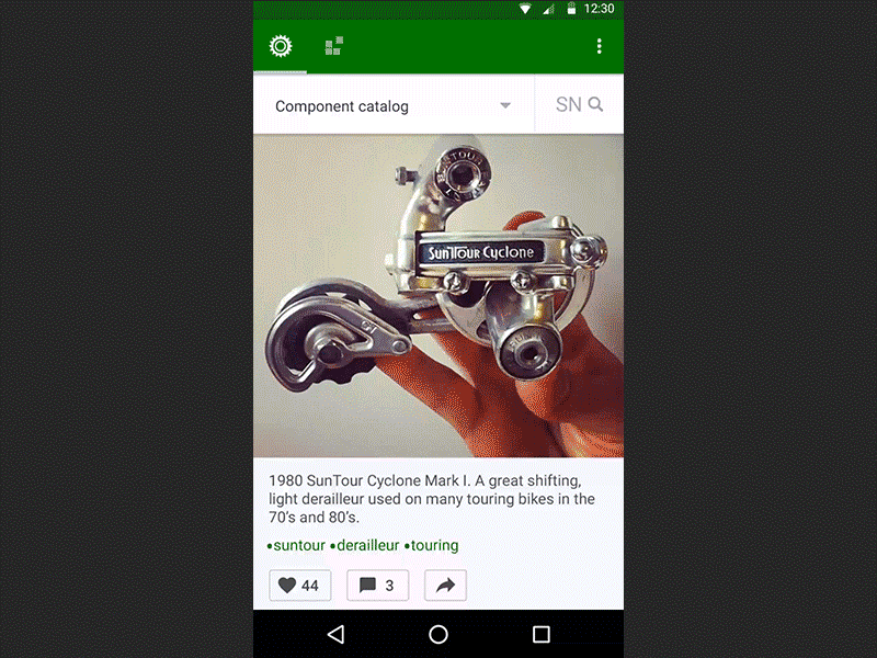 Sprocket 1.3 2-Tab POP Prototype android bicycle bike content fab navigation pop prototype search sprocket tab ux