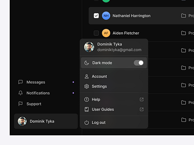 Talent Lab / User dropdown / Dark mode app application dark darkmode design desktop desktopapp dropdown hr modal modern product product design shadow ui ui design user ux uxdesign webapp