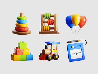 Kids Toys 3D Icons 3d 3d icon abacus baloon blocks children colorful icon illustration kids play playful toys vibrant