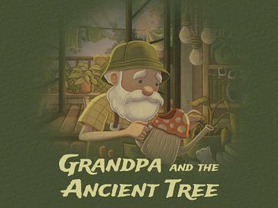 Grandpa and the Ancient Tree 2d art ancient tree cat character design concept art cottage cozy digital art gardener grandpa grumpy neighbour illustration leaf elf nature plants village visual development