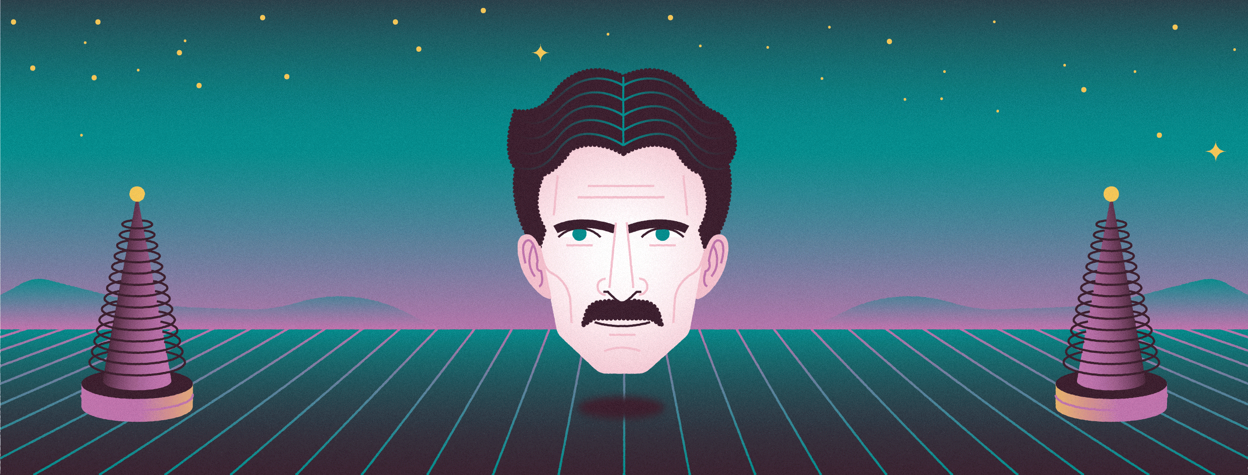 Nikola Tesla teaser animation art design digital art digital drawing editorial flat illustration motion nikola tesla portrait retro scifi skull synthwave tesla texture vector