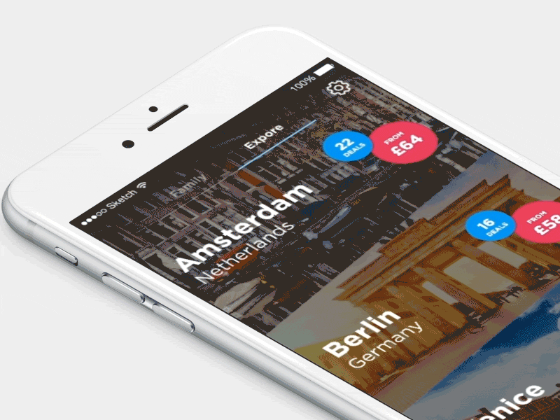 Travel app city list animation app blue city ios list pink scroll travel