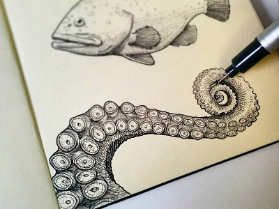 Octopus bw copic doodle handmade illustration ink moleskine octopus