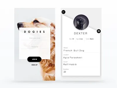 Dogies UI Concept animals article black branding clean design dogies dogs login minimal pets raff hbb sign ui up ux web white