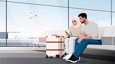 Waiting for departure airplane airport character couple departure flight illustration man muslim suitcase terminal travel vector woman