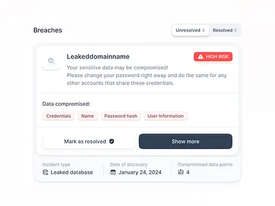 Dark Web Monitoring asset breach clean dark web dark web monitoring dashboard detail element minimal shadow sidebar tag ui warning