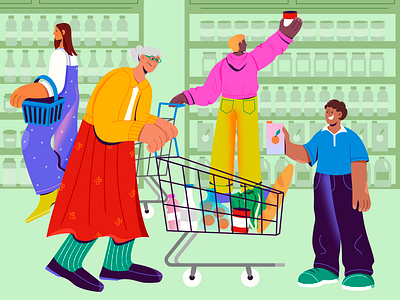 Supermarket bright colors character charecter design design flat food grocery cart people store supermarket vector