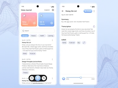 UI/UX Mobile App Design for a Notes AI App | Voice Journal App ai app ai writing tool android asol design branding crossplatform figma iosapp mobile app design mobile ui note taking app notes productivity app smart notes speech to text transcriptionapp uiuxdesign voice voice journal voice notes