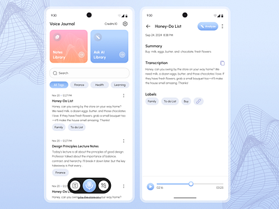 UI/UX Mobile App Design for a Notes AI App | Voice Journal App ai app ai writing tool android asol design branding crossplatform figma iosapp mobile app design mobile ui note taking app notes productivity app smart notes speech to text transcriptionapp uiuxdesign voice voice journal voice notes