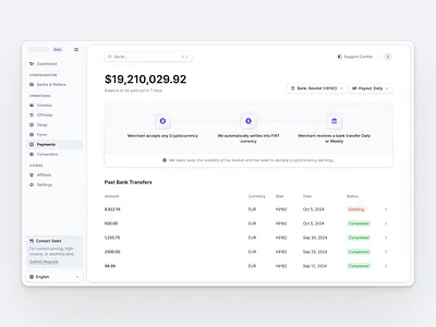 Payments app bank crypto custody dashboard payments payout saas ui ux