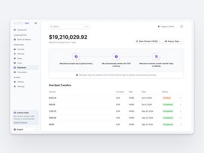 Payments app bank crypto custody dashboard payments payout saas ui ux