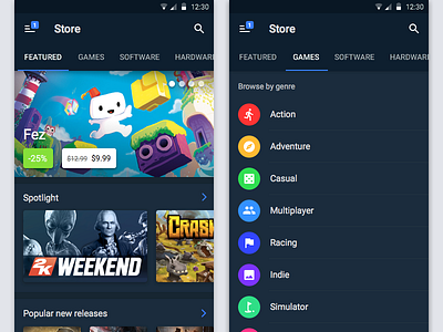 Steam Android App Redesign android app blue dark material design mobile ui ux