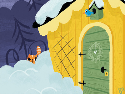 Yellow house in the snow children book illustration