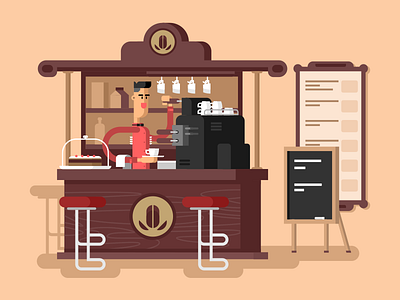 Cafe bar barista cafe character coffee flat illustration interior machine man shop vector